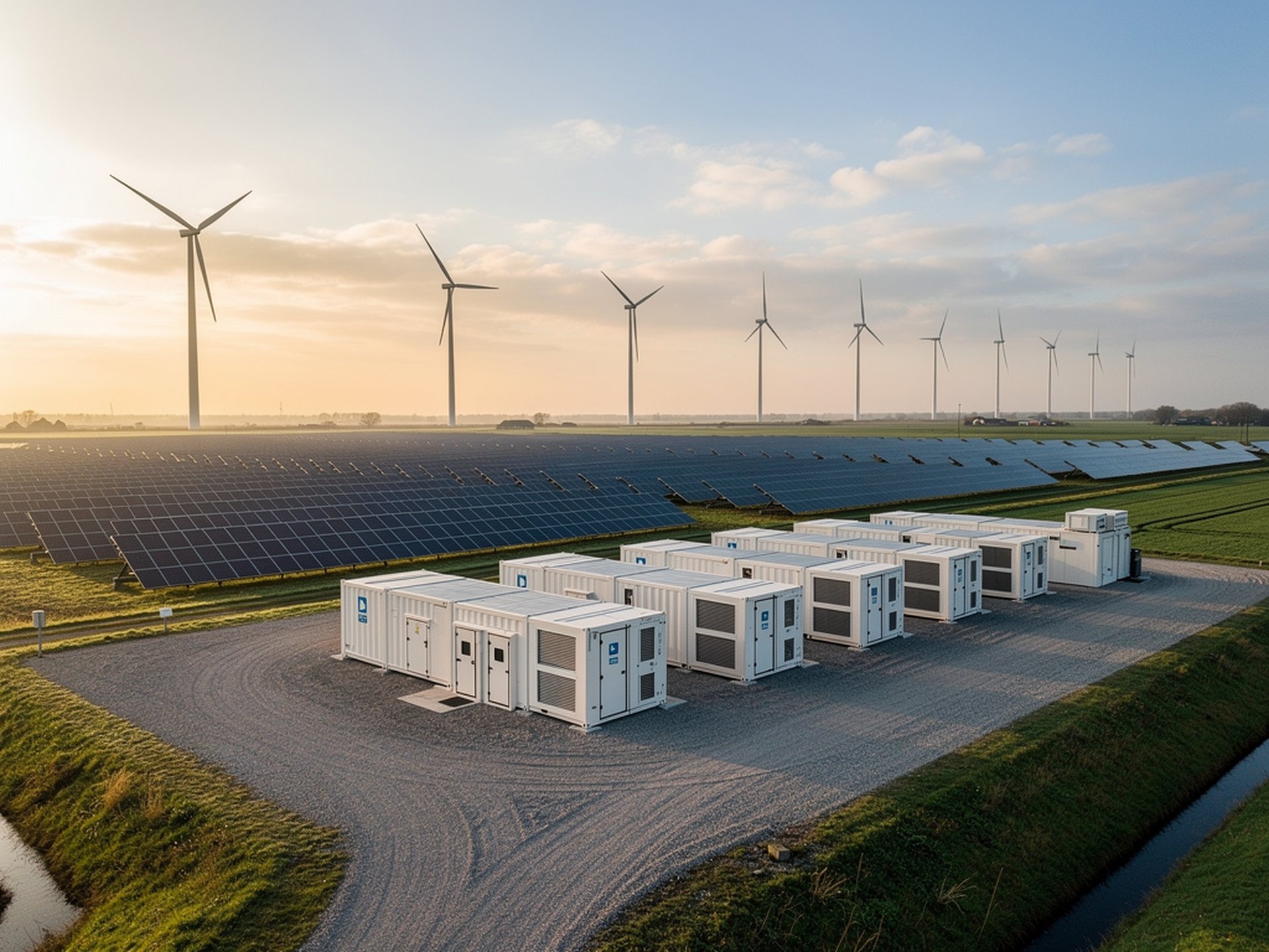 BESS-opslagcontainers, zonnepanelen en windturbines op een energielocatie
